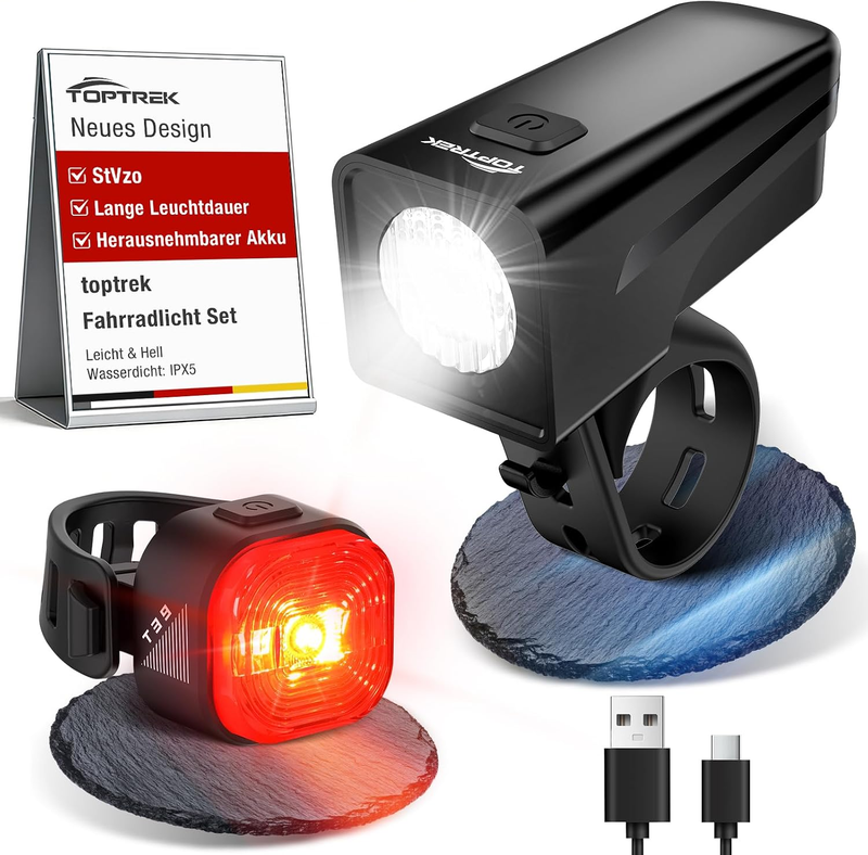 Toptrek Fahrradlicht Set USB Aufladbar Mit Austauschbarem Akku Design