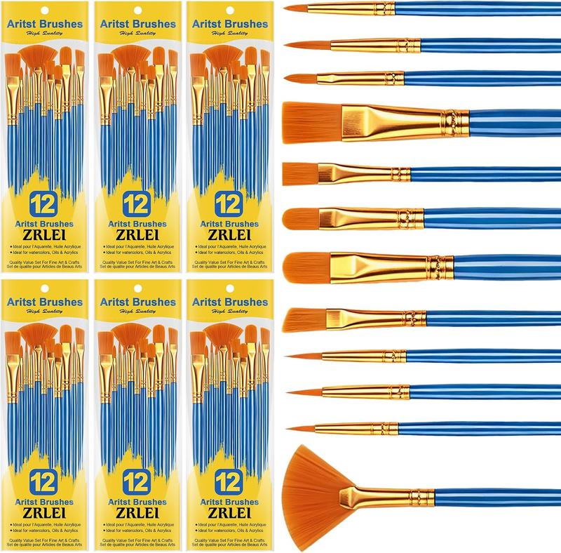 Paint Brushes Set, 6 Pack 72 Pcs round Pointed Tip Artist Paintbrushes for Acryl