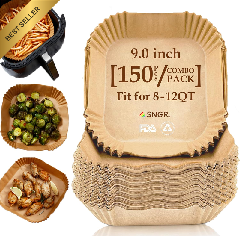150PC Air Fryer Liners 9" Square Non-Stick Greaseproof for 8–12QT Air Fryers
