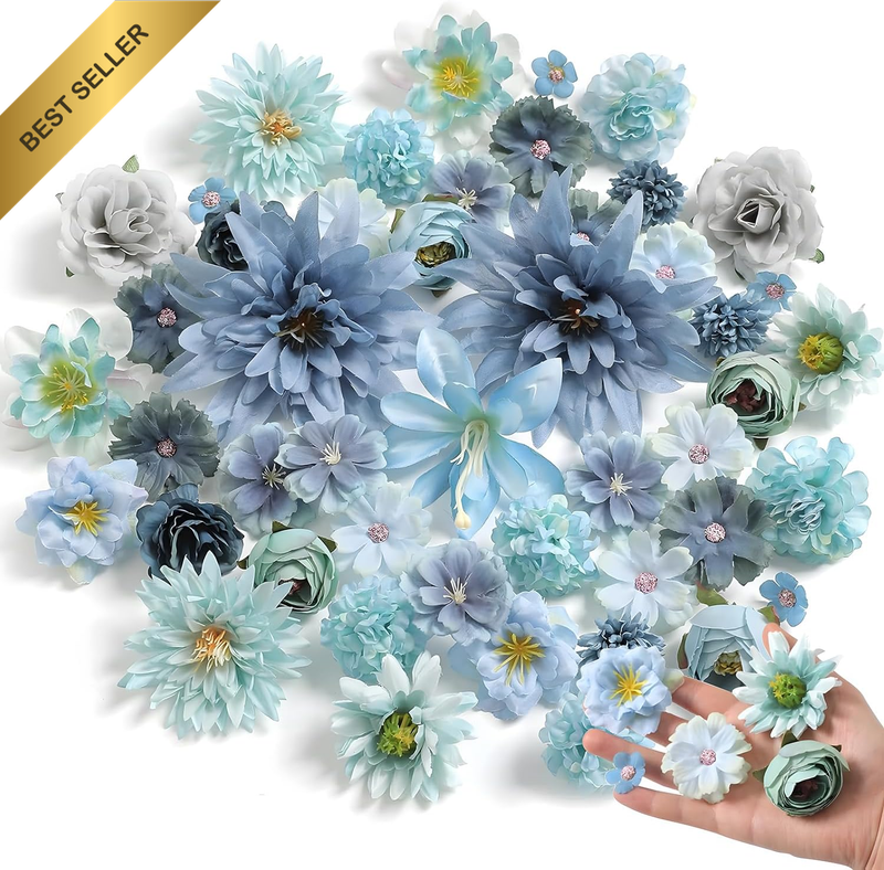 46 Pcs Blue Artificial Flower Heads Bulk Faux Silk Flowers for Crafts Cake Bloss