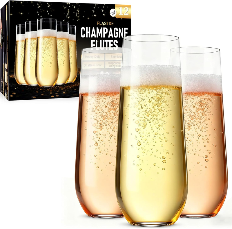 12 Pack Stemless Plastic Champagne Flutes, 9 Oz Clear Disposable Plastic Glasses, Heavy Duty Shatterproof Recyclable Mimosa Glasses for Party Wine Tasting Wedding New Years Eve Party Supplies