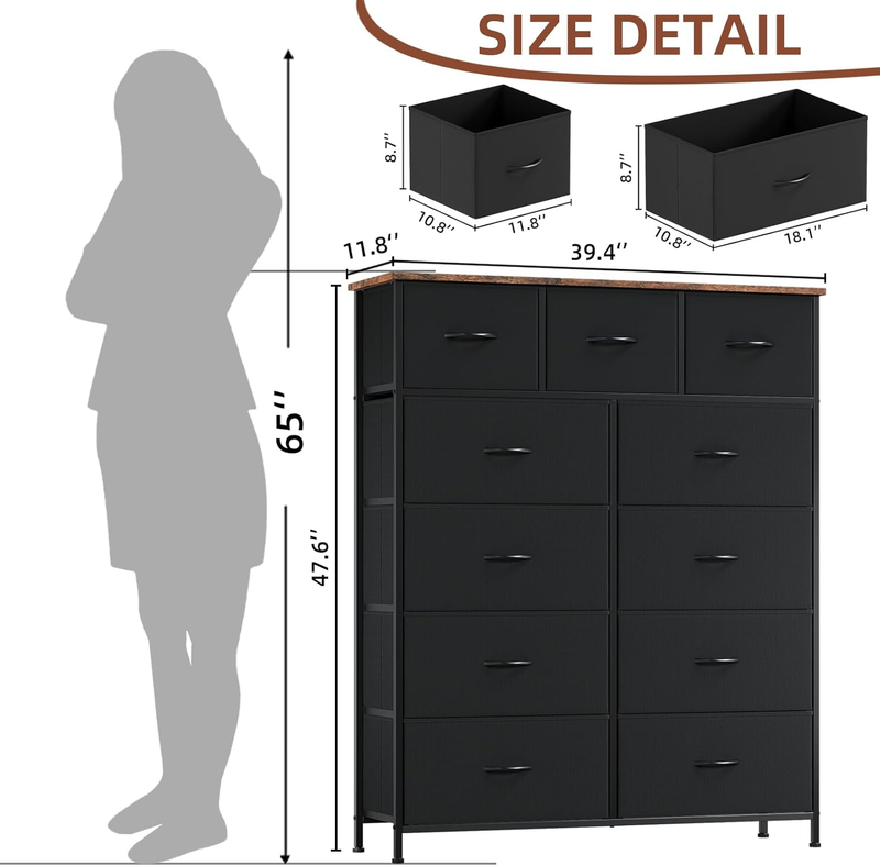 Dresser for Bedroom with 11 Drawers,Chest of Drawers with Wooden Top,Tall Fabric