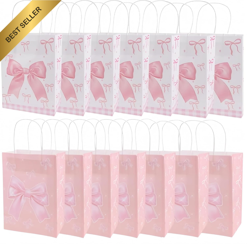 14 PCS Pink Bow Gift Bags, Party Favor Bags with Handles, Pastel Goodie Bags for