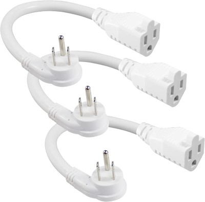 [3 Pack] Flat Wall Plug Short Power Extension Cord - 6inch Mini White Low Profil