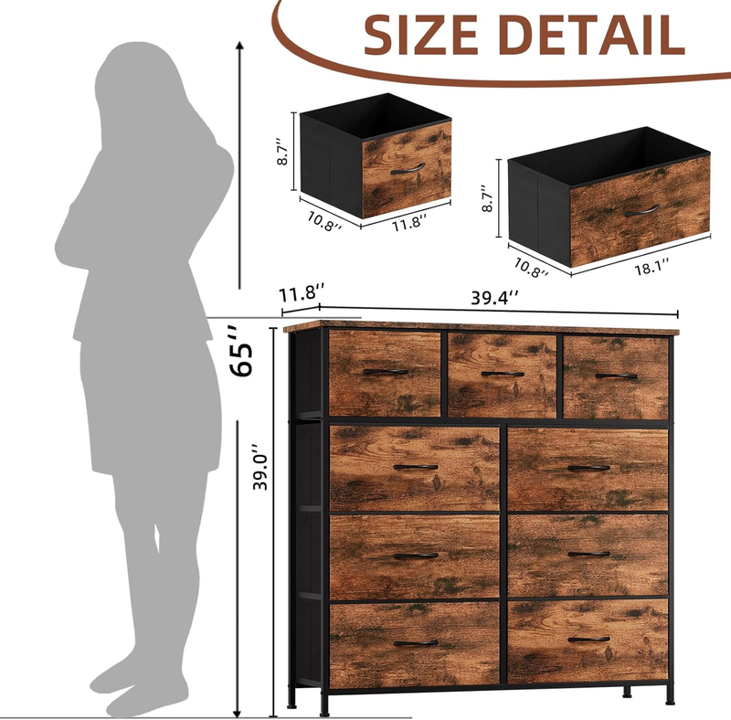 Dresser for Bedroom with 9 Drawers,Chest of Drawers with Wooden Top,Tall Fabric