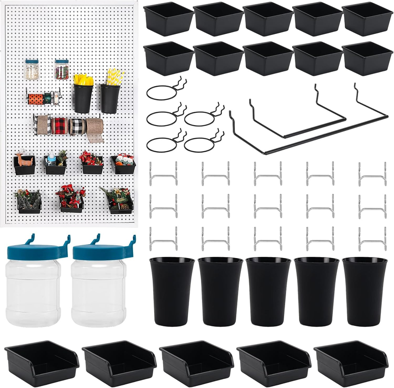 44 Pack Pegboard Organizer Accessories Kit Pegboard Bins Pegboard Cups Pegboard Jars Pegboard Towe Holder with Hooks & Loops for Garage Workshop Workbench Hobby Office