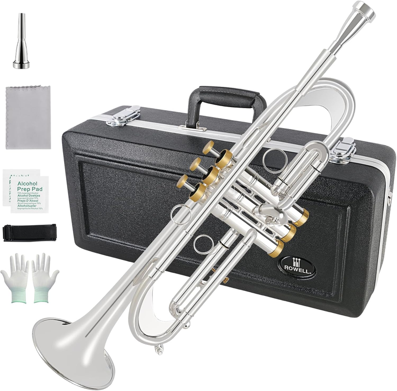 Bb Trumpet Professional Trumpet for Student Brass Instruments Standard Trumpet Set with Professional Trumpet Box, Cleaning Kit,Original 7C Trumpet Mouthpiece, Cloth and Gloves (Silver)