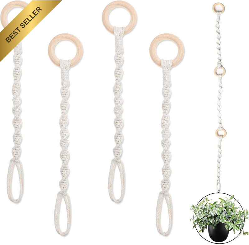 4 PCS Hanging Basket Extender,Plant Hanging Chains,Wooden Ring Handmade Woven Pl