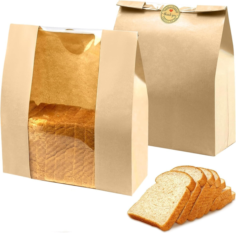 50 Packs Bread Bags for Food Packaging, Bread Bags with Front Windows, and Kraft