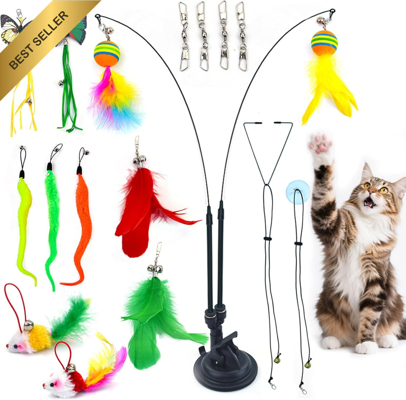20 Pack Cat Toys 4-In-1 Interactive Feather Teaser Rotatable Suction Cup Hooks C