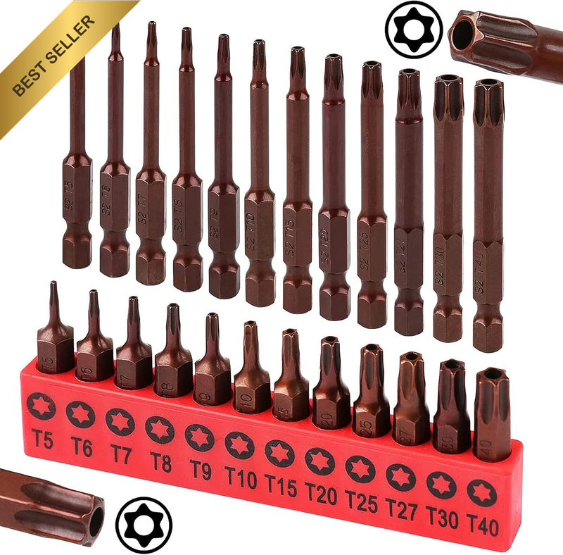 24-Piece Tamper Resistant Security Torx Bit Set, T5–T40, S2 Steel, 1