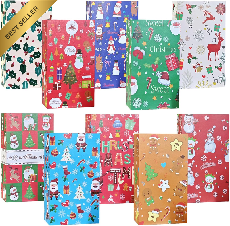 20PCS Christmas Paper Gift Bags,10 Designs 5.1X3.1X8.6Inch Xmas Envelope Treat G