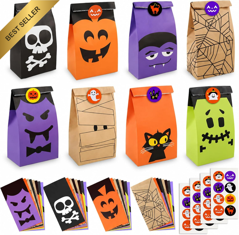 Halloween Treat Bags, 24 Paper Bags with 24 Stickers