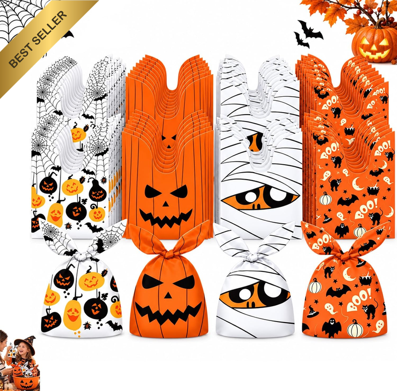 100Pcs Halloween Treat Bags for Candy and Small Gifts - Cute Bunny Ear Cellophan