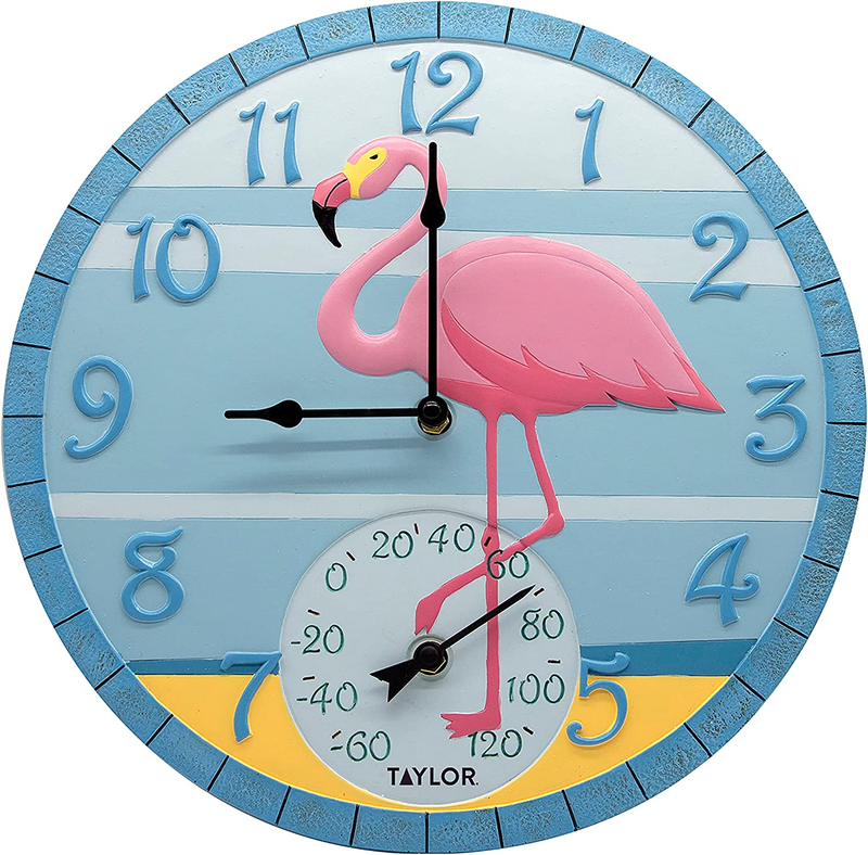 Flamingo Poly Resin Indoor and Outdoor Clock and Thermometer, 14 Inch, Multi-Col
