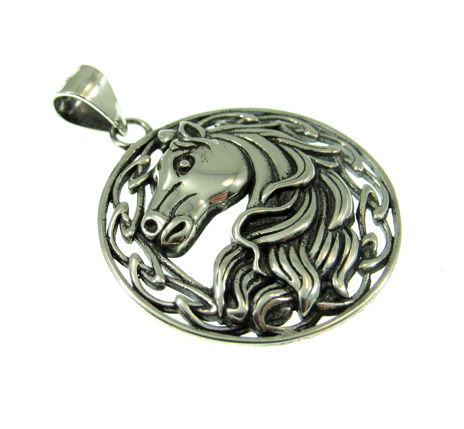 Handcrafted Solid 925 Sterling Silver Round Celtic Knot Horse Head/Bust Pendant