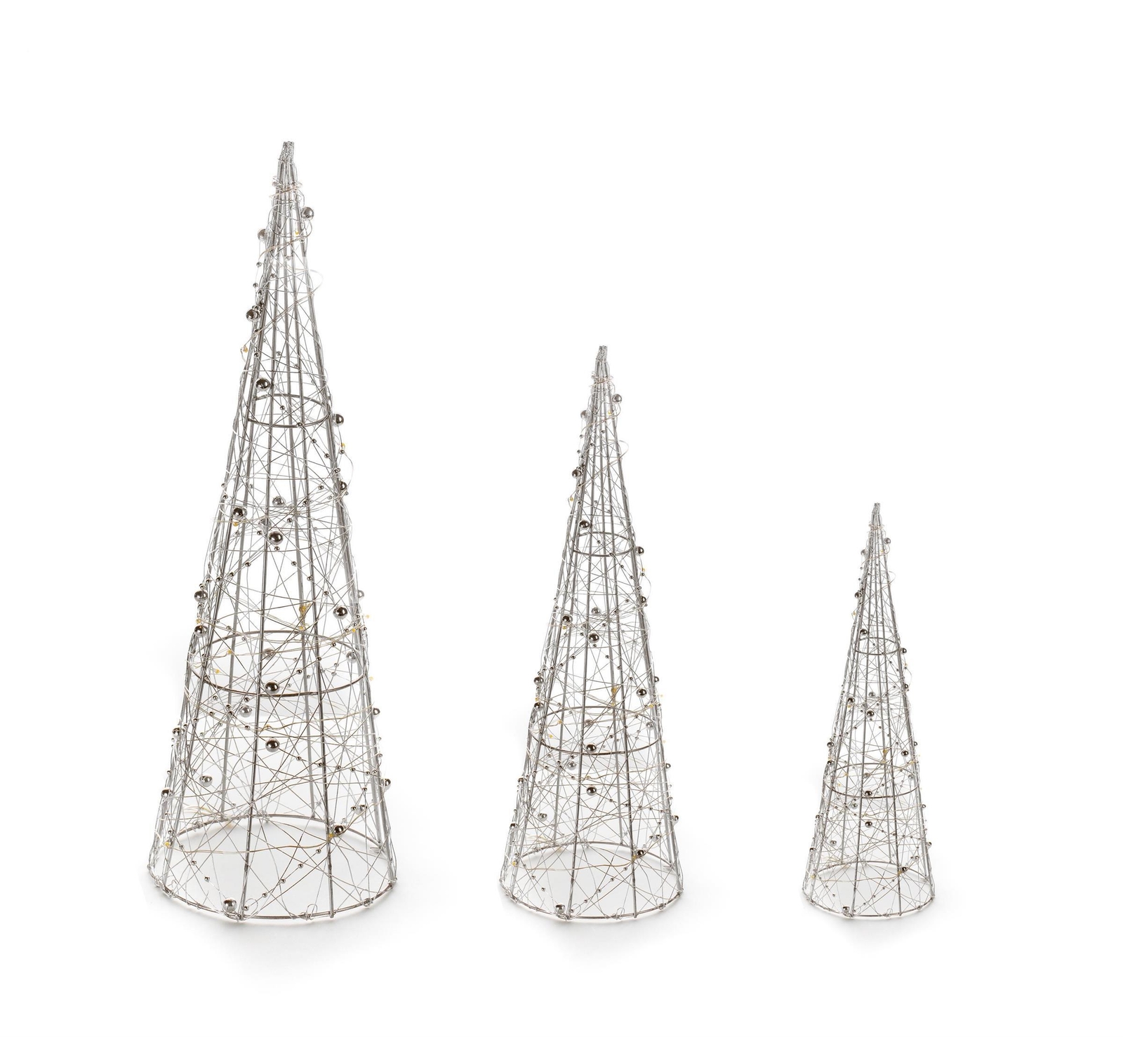 Lichter-Kegel Set mit LED aus Draht mit Perlenkette verziert Leuchtpyramide Deko