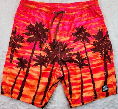 Neff Mens L Pink Orange Sunset Breeze Palm Summer Swim Trunks All-Over Print