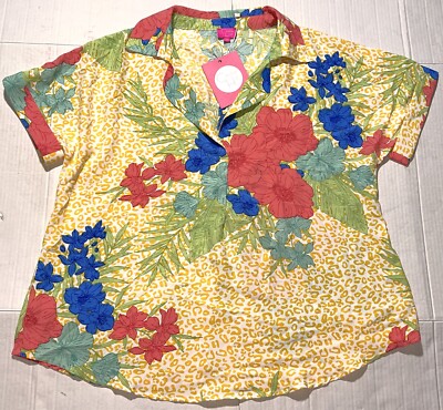 NEW Caroline Hill Tropical Floral Cheetah Print Animal V-Neck Blouse Shirt Top M