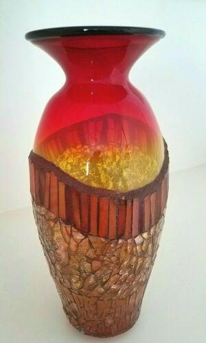 Rare Lorrie Adams 14" Mosaic Glass Art on Blenko Vase Tangerine Tequila Sunrise 