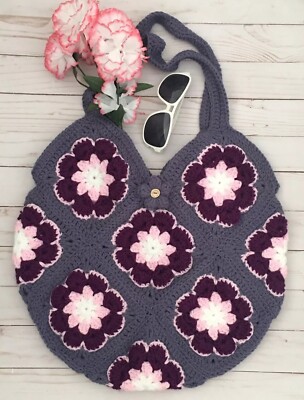 NEW GIFT BAG CROCHET SHOULDER HANDBAG HANDMADE FLORAL LINED PURPLE PINK