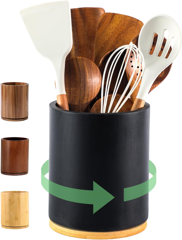 Wooden Utensil Holder, 360°Rotating 7.3'' Large Utensil Holder for Kitchen Count