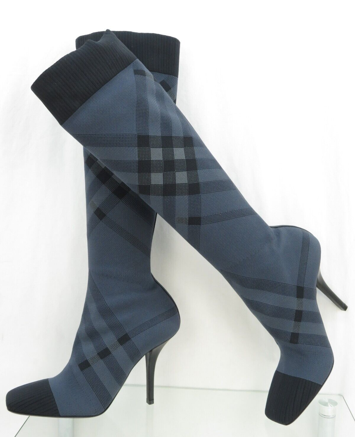 Pre-owned Burberry $1000  Dolman Navy Gray Knitted Check Knee High Heel Sock Boots 37