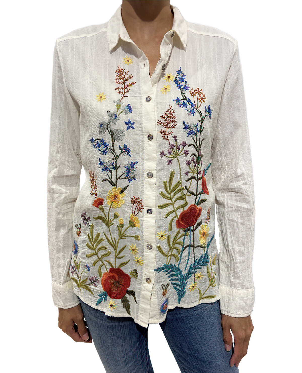 Pre-owned Johnny Was Provence Blouse White Long Button Top Flower Embroidery Antique L