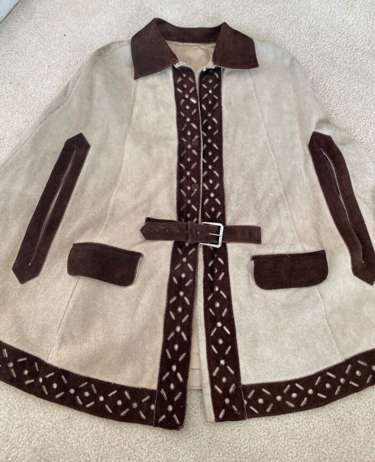 Vintage Suede Leather Poncho Cape Boho Western Hippie Jacket