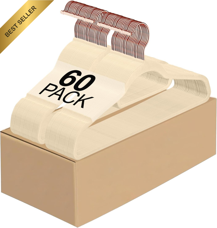 Ivory Velvet Hangers 60 Pack Heavy Duty Tie Bar Rose Gold Hook Non-Slip