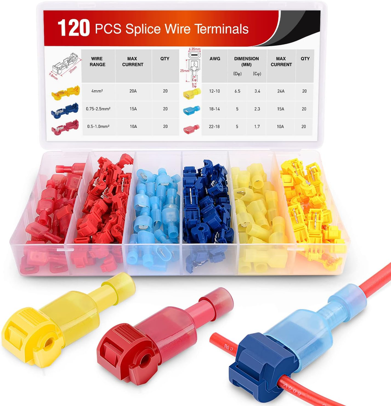 120 Pcs/60 Pairs Quick Splice Wire Terminals T-Tap Self-Stripping with Nylon Ful