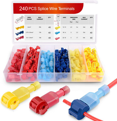 240PC Insulated T-Taps Wire Connectors Terminal 22-10 AWG Quick Splice Combo Set
