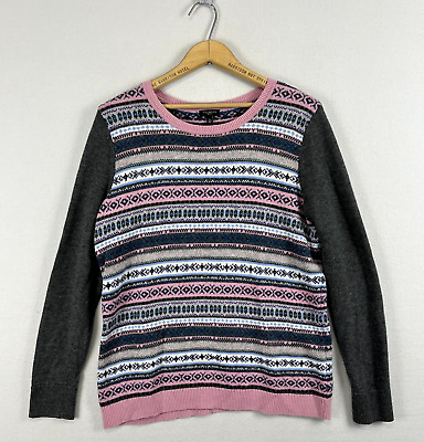 TALBOTS Womens M Pink Gray Fair Isle Striped Sweater Lambswool Wool Blend