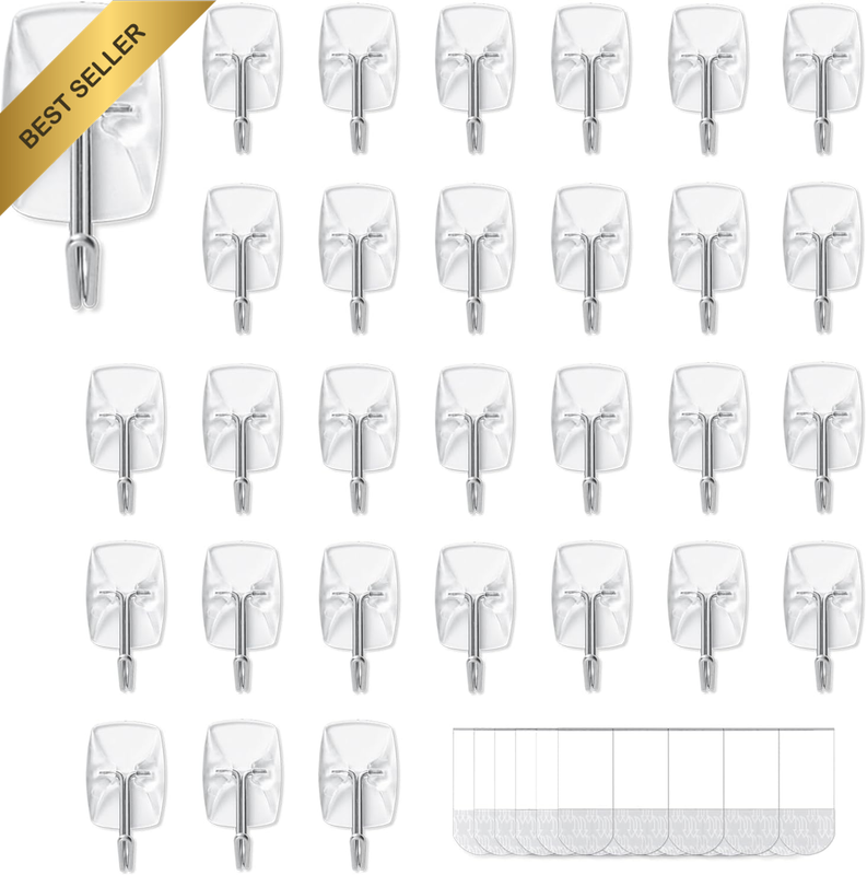 30-Hooks, 40-Strips, Clear Small Wire Toggle Hooks Value Pack, Organize Damage-F