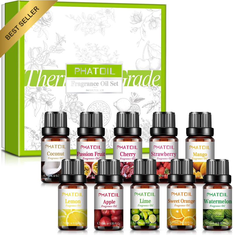 Fruity Fragrance Essential Oil Set 10 X 10 Ml, (Cherry, Mango, Coconut, Lemon, A