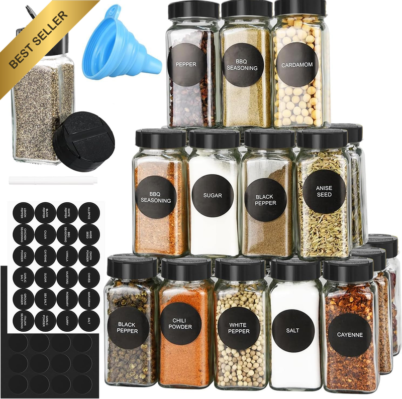 24Pcs Square Glass Spice Jars Clear Spice Jars with Lids Labels Funnel Brush,1Pc