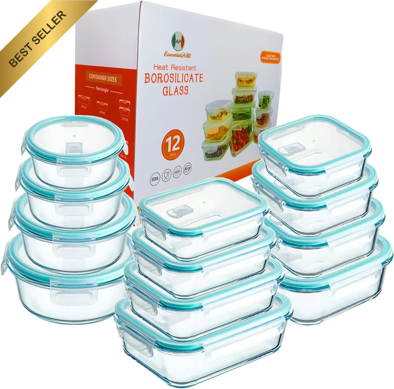 24 Pcs 12 Pack Glass Food Storage Lunch Containers Airtight Lids with Steam Vent
