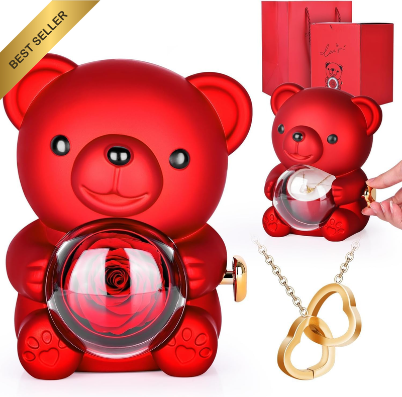 Rose Teddy Bear with Heart Necklace -Eternal Flowers Rose Mothers Day for Women