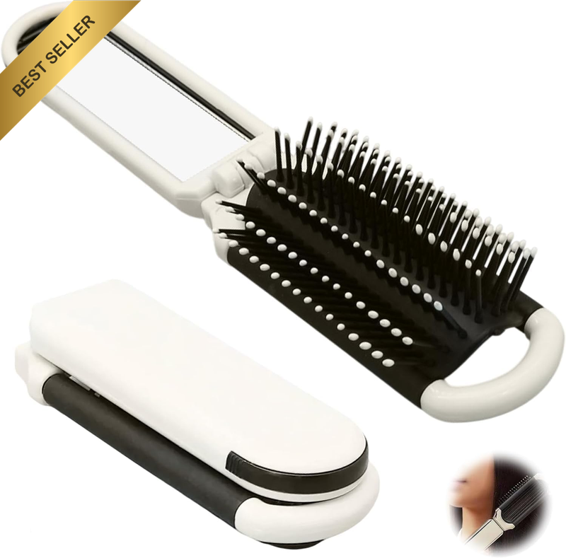 2 Pack Folding Travel Hair Brushes with Detachable Mirror, Compact Scalp Massage
