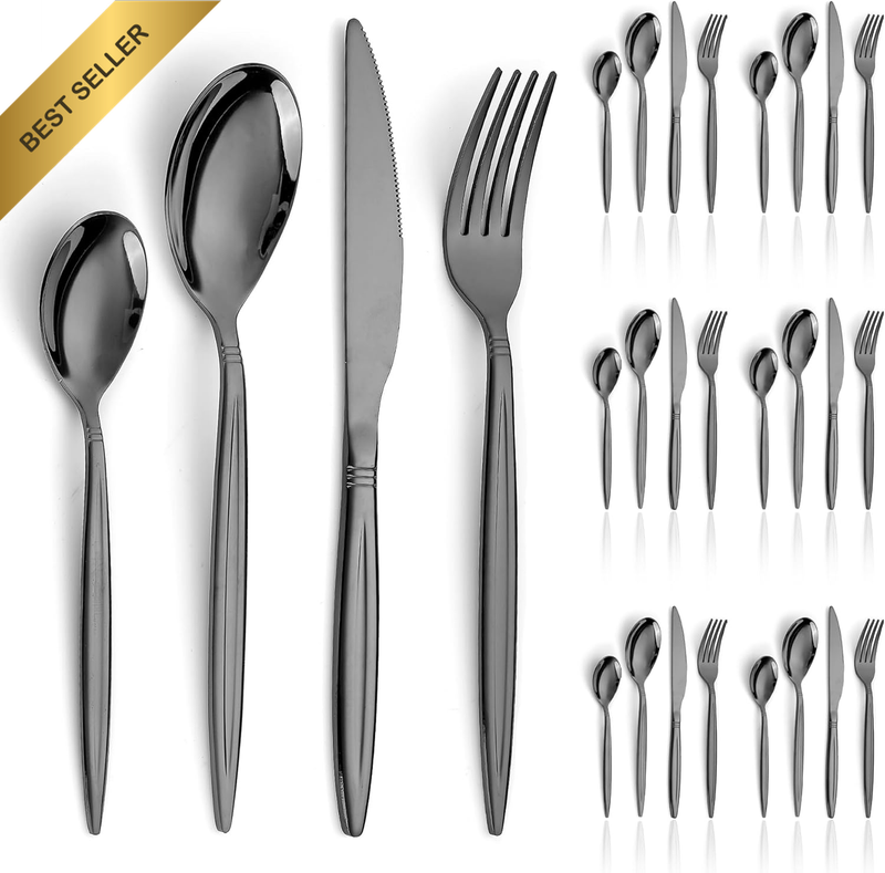 Black Cutlery Set 24PC for 6 SS Titanium Plated Flatware Knives Forks Spoons