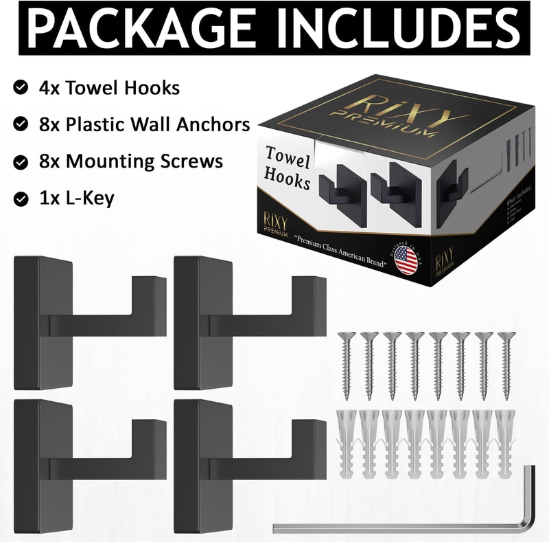 Matte Black Towel Hooks for Bathroom - Stylish Bath Hooks for Towels - Heavy Dut