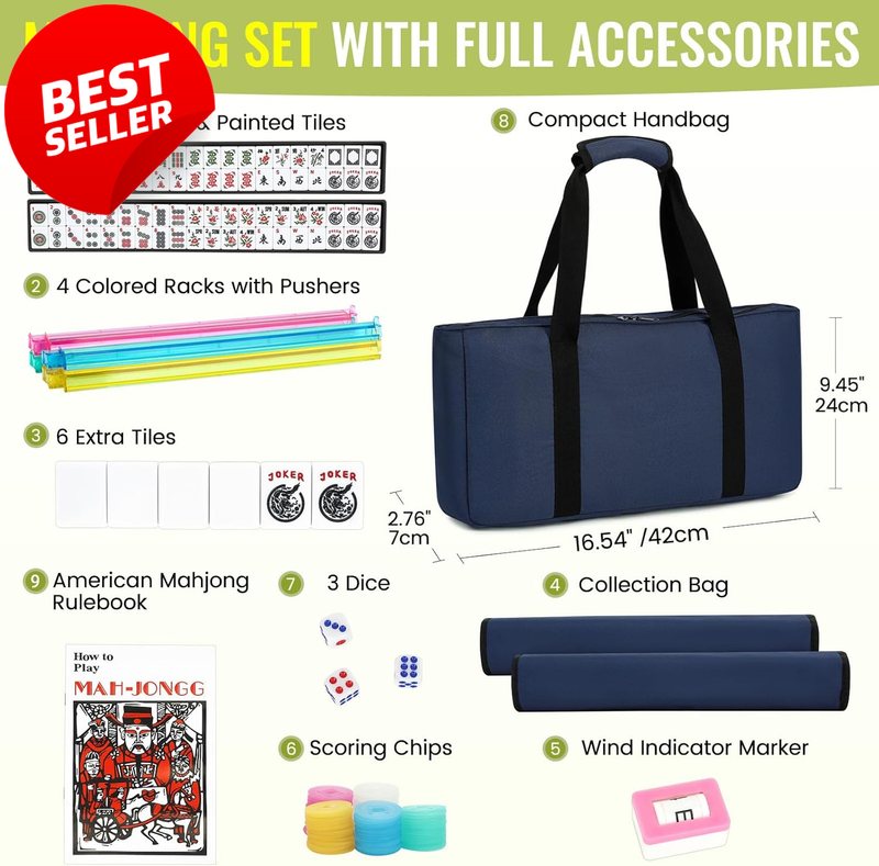 American Mahjong Set 166 White Tiles 4 Color Racks Blue Carrying Bag - US