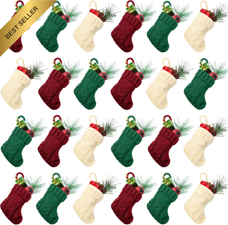 24 Pcs Mini 3.94" Knitted Xmas Stockings Rustic Tree Ornaments Decor