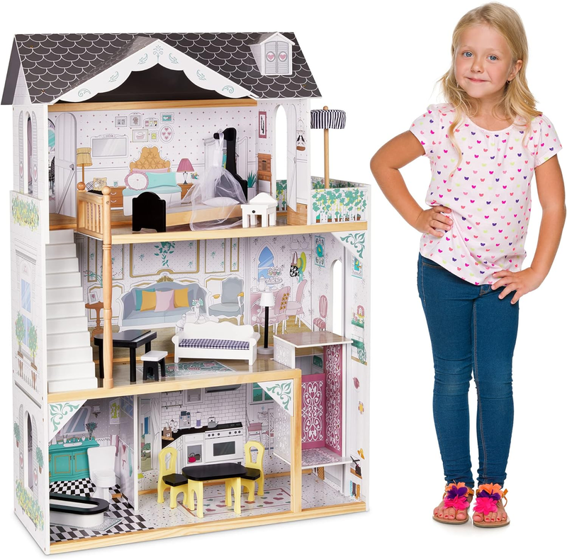 Kids Wooden Dollhouse with Elevator 3 Levels 12-Piece Furniture Kitchen Chair