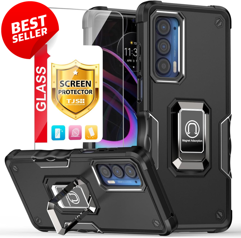 Moto Edge 2021/5G UW Case Ring Kickstand Tempered Glass Heavy Duty Black - US