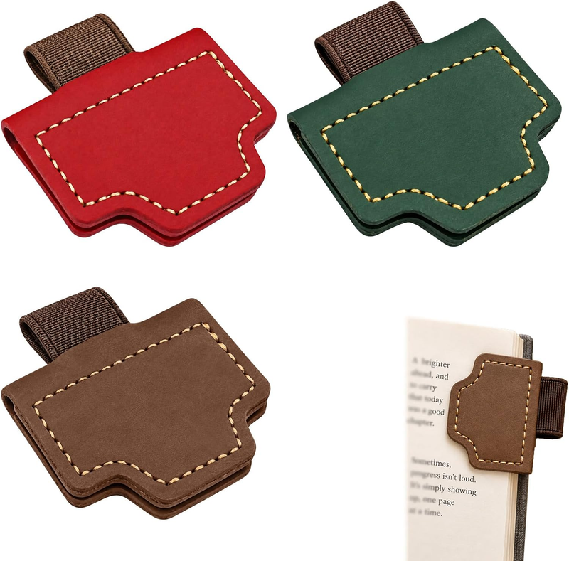 3-Pack Magnetic Leather Bookmarks with Pen Holder in Light Brown, Green, and Win