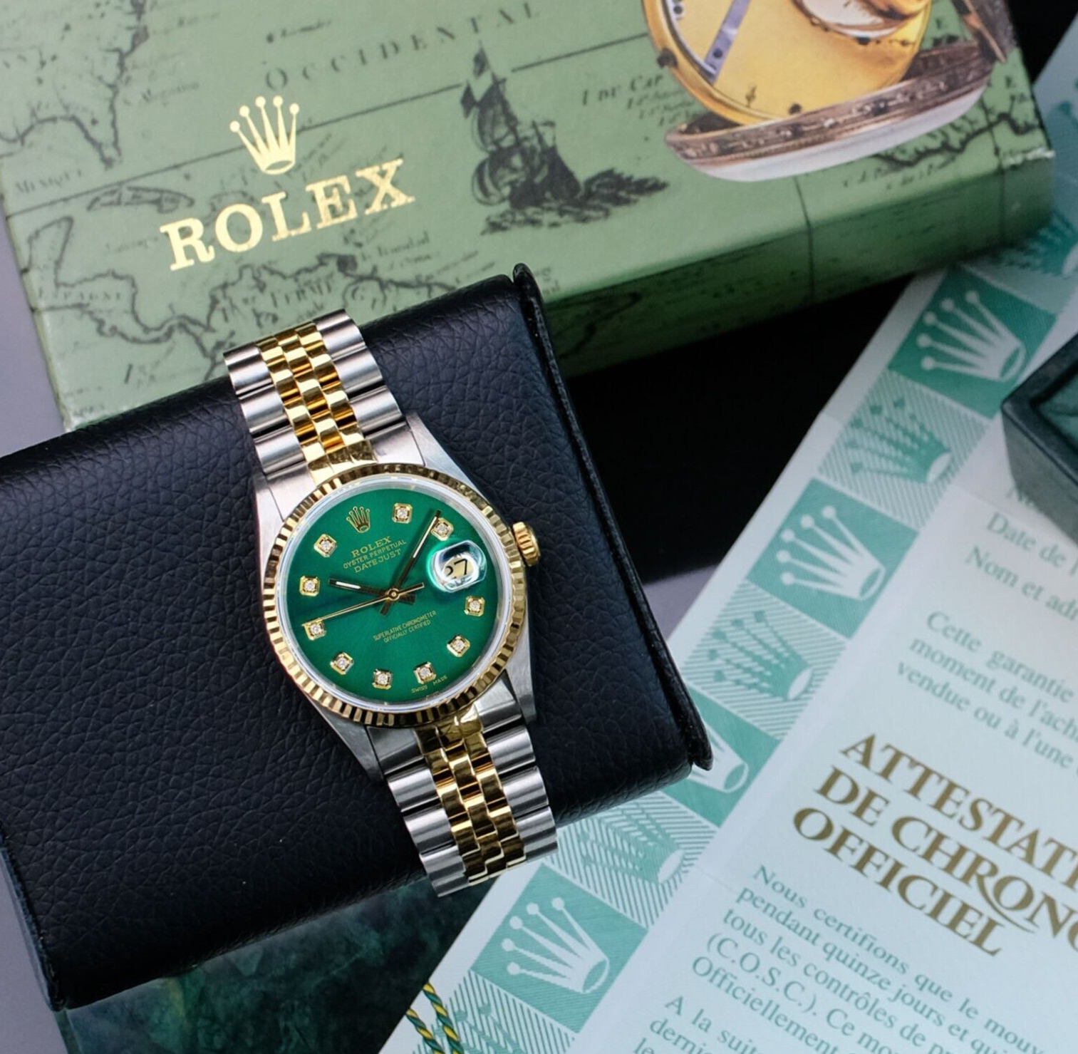 Rolex Mens Datejust 16233 Green Dial Gold & Steel 36mm Watch