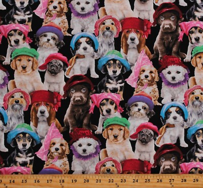 Cotton Dogs Puppies Animals Hats Winter Fabric Print by the Yard D758.51