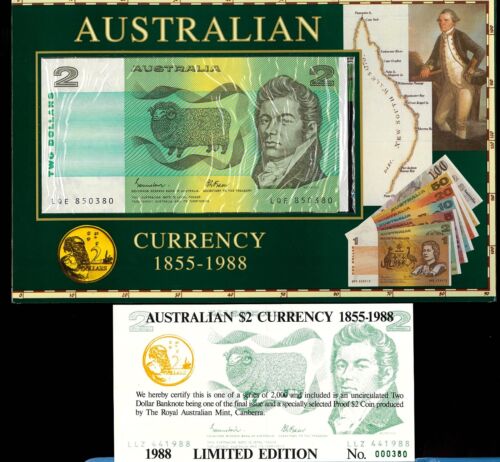 1988 Australia First Last Folder + Card $2 Proof Coin - Johnston Fraser Banknote