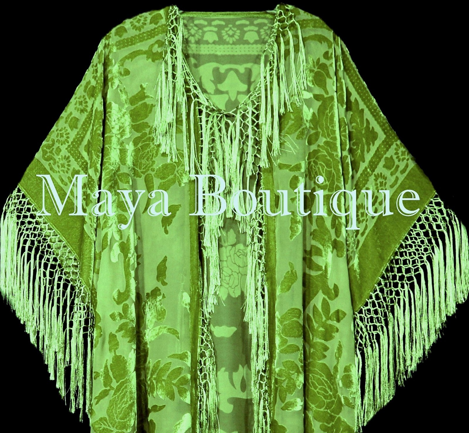 Pre-owned Maya Matazaro Greenery Green Silk Burnout Velvet Fringe Jacket Kimono Duster  In Greenery Green Hand Dyed
